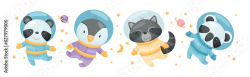 Funny Animals Wearing Astronaut Costumes or Spacesuit Floating in Space Vector Set