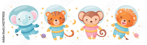 Funny Animals Wearing Astronaut Costumes or Spacesuit Floating in Space Vector Set