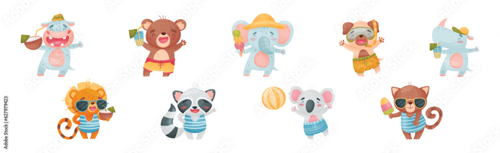 Fototapeta premium Cute Animal at Seaside at Summer Having Rest Vector Set