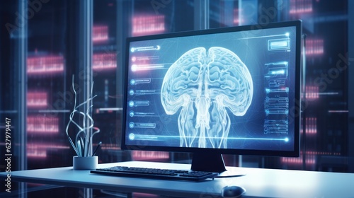 Analyse Patient MRI Scan on Computer Screen, Diagnose Brain, Brain Surgery Concept. Generative Ai