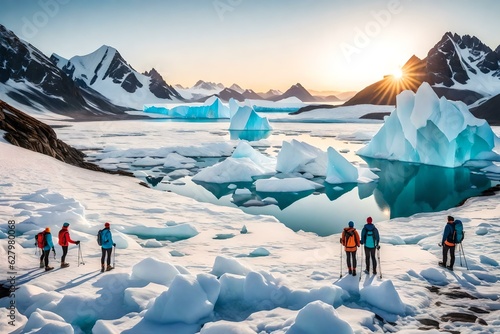 Hikers overlooking an arctic iceberg and glacier panorama with mountains in the background at sunset © Pretty Panda