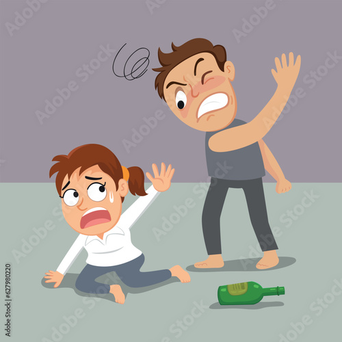  Violence in family. Angry man raises his fist at frightened woman. illustration vector cartoon.
