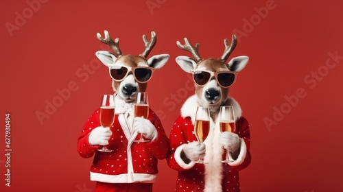 Reindeer Holding Glasses of Champagne, Merry Christmas and Happy New Year Background. Generative Ai