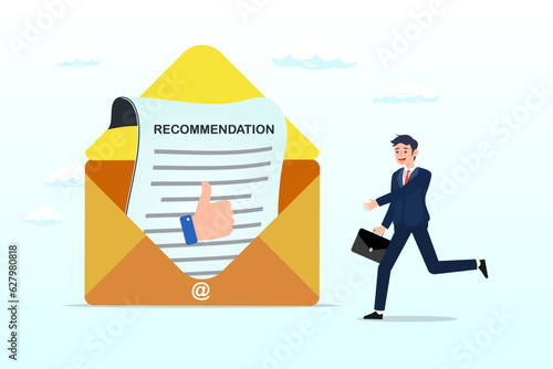 Happy businessman with recommendation letter in email envelope, recommendation letter, appreciation document for apply new job, experience or qualification guarantee, education reward concept (Vector)