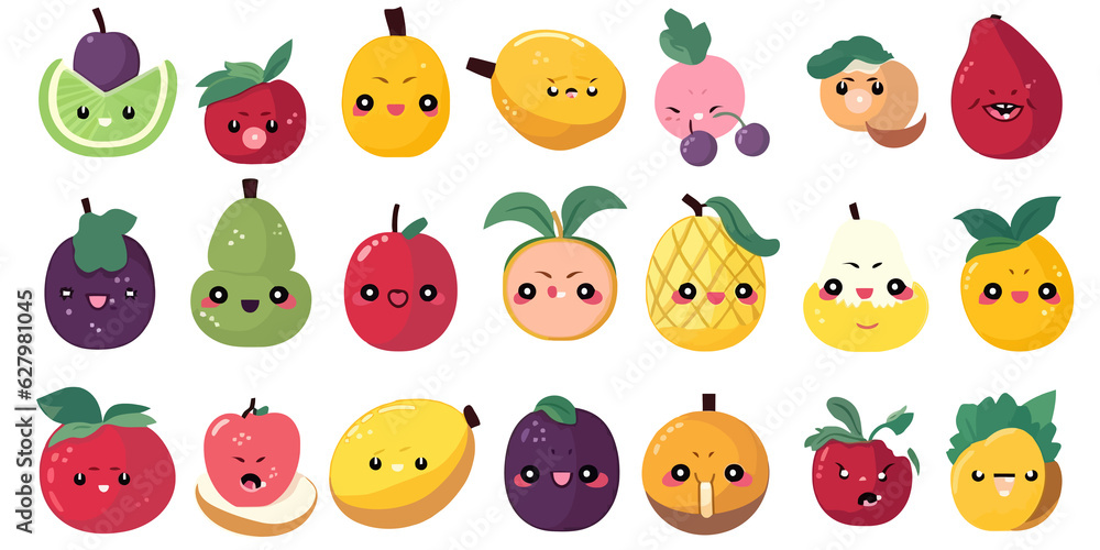 Set of colorful cartoon smiling fruit icons apple pear strawberry banana watermelon pineapple orange peach plum papaya lemon mango grape cherry kiwi vector illustration Set of colorful cartoon smiling fruit icons apple pear strawberry banana watermelon pineapple orange peach plum papaya lemon mango grape cherry kiwi vector illustration