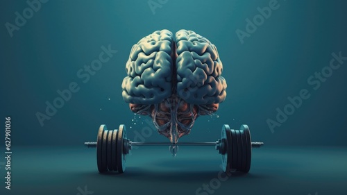 Fitness brain image showing the human brain on a barbell on dark cyan background with copy space for text