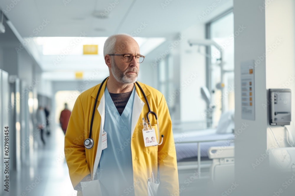 A man with a stethoscope standing in a hospital hallway. Generative AI. A man with a stethoscope standing in a hospital hallway. Generative AI.