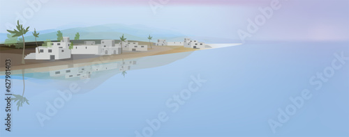 Old city Israel banner. Vector landscape with seaside town. Minimal design in pastel colors. 