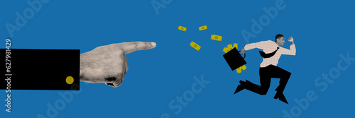 Collage retro sketch image of finger pointing running worker carrying cash bag isolated blue color background