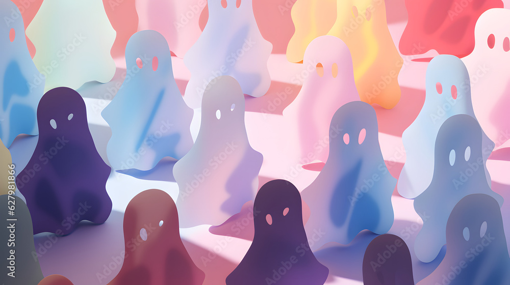 Light pastel ghost silhouettes on a pink background. Modern creative