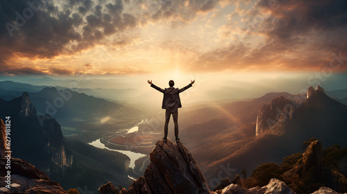 silhouette of a person raising both hands as a sign of victory in the mountains