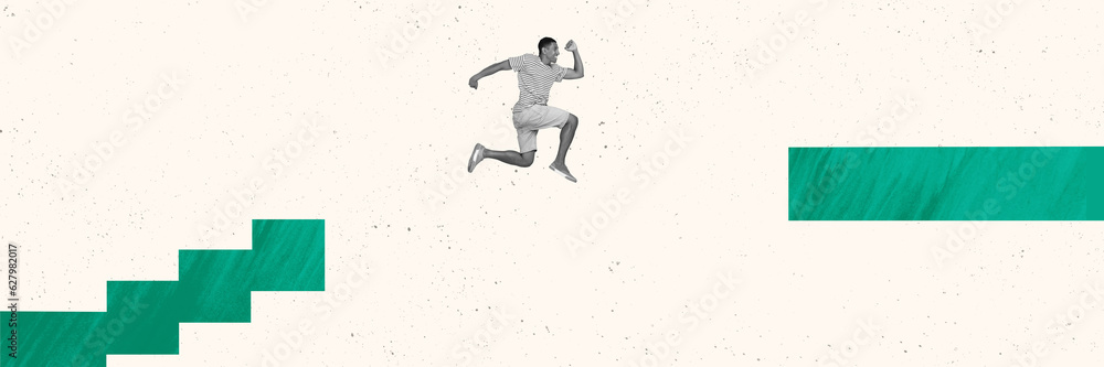 Photo collage artwork minimal picture of excited lucky guy running stairs jumping hole avoiding trap isolated beige color background Photo collage artwork minimal picture of excited lucky guy running stairs jumping hole avoiding trap isolated beige color background