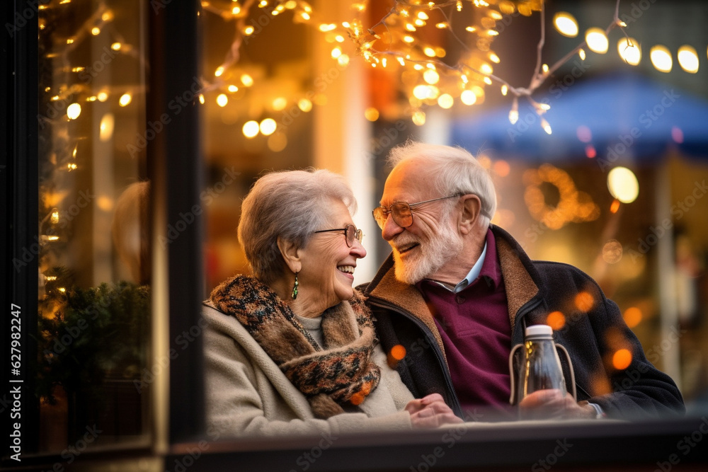 Happy older couple in a cozy place smiling laughing, warm autumn mood Happy older couple in a cozy place smiling laughing, warm autumn mood