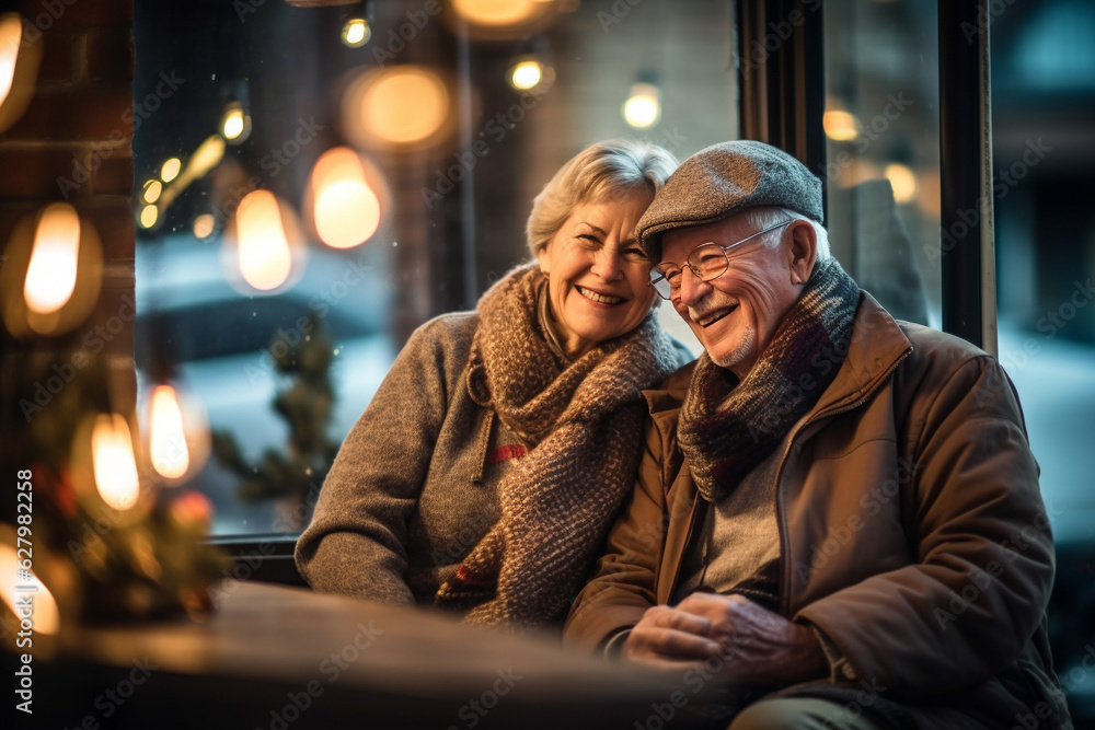 Happy older couple in a cozy place smiling laughing, warm autumn mood Happy older couple in a cozy place smiling laughing, warm autumn mood