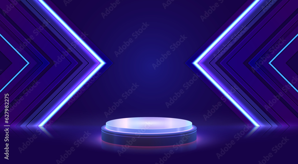 Cylinder podium with neon lights on dark blue background. Digital technology mockup scene, product display, stage showcase. Vector eps10. Cylinder podium with neon lights on dark blue background. Digital technology mockup scene, product display, stage showcase. Vector eps10.