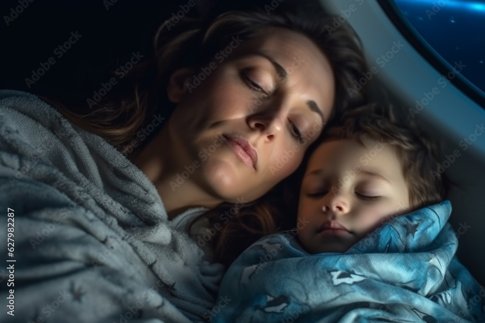 Mother with a child sleeping on a plane