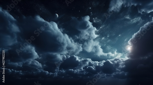 Black dark blue night sky with stars, White cumulus clouds. Generative Ai