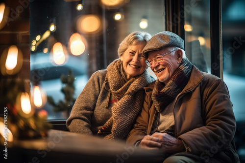 Happy older couple in a cozy place smiling laughing, warm autumn mood