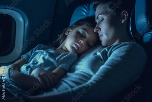 Father with a child sleeping on a plane