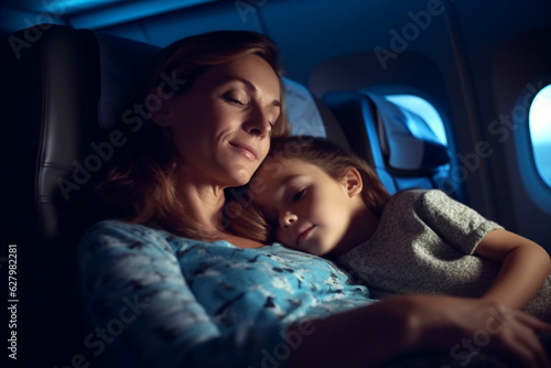 Mother with a child sleeping on a plane