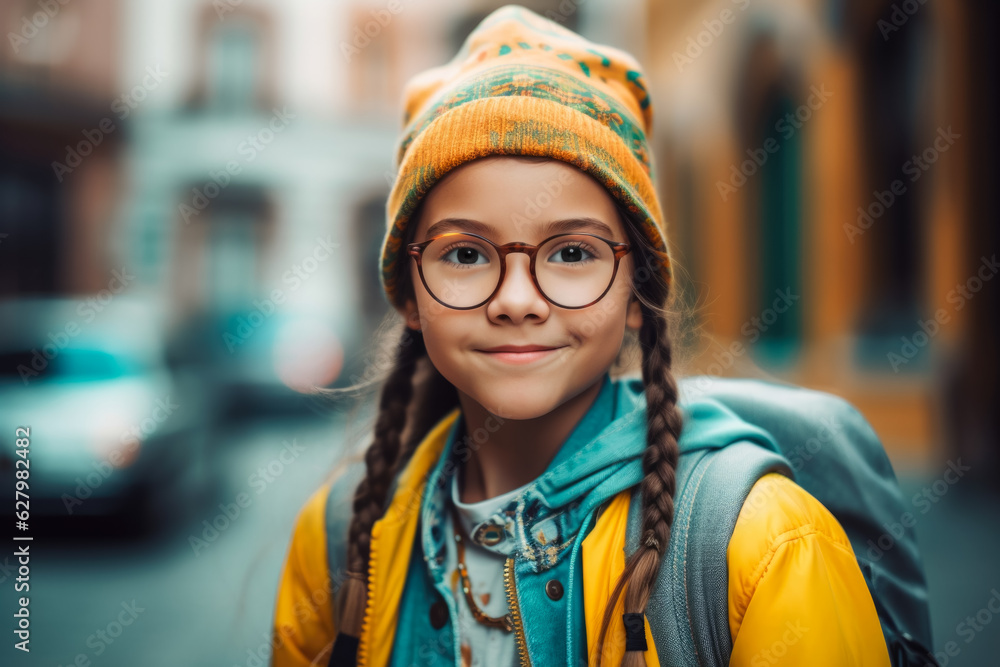 stylish pupil girl in glasses with backpack outside. back to school concept stylish pupil girl in glasses with backpack outside. back to school concept
