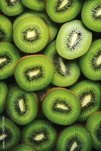 A closeup photo of sliced kiwis in a bowl, in the style of light green and dark emerald