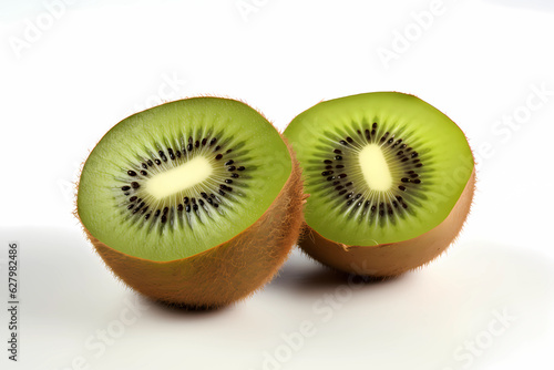 A cut kiwi and one quarter kiwi on a white background,