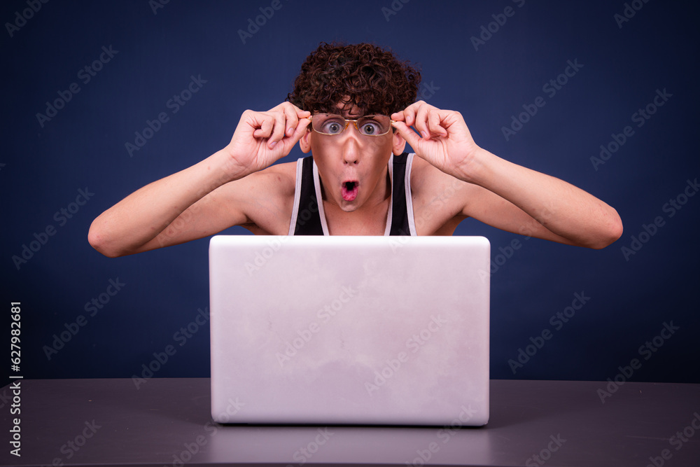 Funny silly guy chatting online and watching adult movies. Funny silly guy chatting online and watching adult movies.