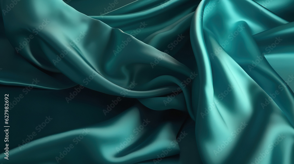 Blue green silk satin. Soft wavy folds. Shiny silky fabric. Generative Ai Blue green silk satin. Soft wavy folds. Shiny silky fabric. Generative Ai