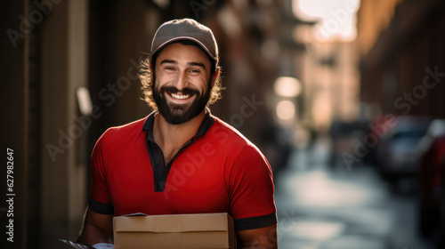 Postman with letters on urban background