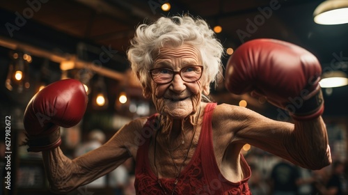 Fotografia Portrait of old woman with boxing gloves