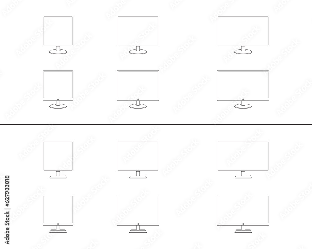 Flat monitor set, line art vector illustration isolated on white background. design elements for your idea.