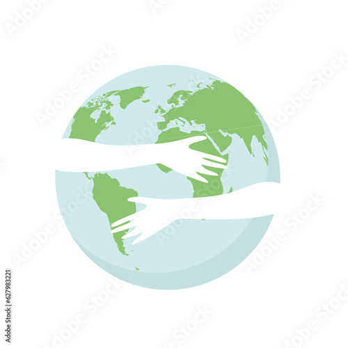 hands hug planet Earth. Concept of World Environment Day, Save the Earth, 22 April. Sign, icon and symbol