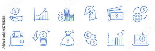 Money cash, coin business doodle icon set. Dollar coin, money profit doodle line sketch business inflation, cash payment. Financial profit, growth icon. Outline editable stroke. Vector illustration