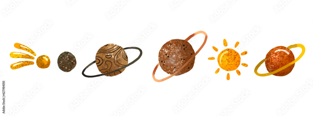 Space illustration in childish style. Set of cosmos elements such as rocket, stars, asteroids, ufo, Comets, moon, osteroid, stylized planets set. Cosmic set Space illustration in childish style. Set of cosmos elements such as rocket, stars, asteroids, ufo, Comets, moon, osteroid, stylized planets set. Cosmic set