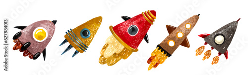 Space illustration in childish style. Set of cosmos elements such as rocket, stars, asteroids, ufo, Comets, moon, osteroid, stylized planets set. Cosmic set