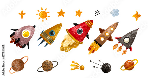 Space illustration in childish style. Set of cosmos elements such as rocket, stars, asteroids, ufo, Comets, moon, osteroid, stylized planets set. Cosmic set