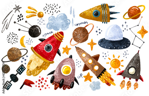 Space illustration in childish style. Set of cosmos elements such as rocket, stars, asteroids, ufo, Comets, moon, osteroid, stylized planets set. Cosmic set