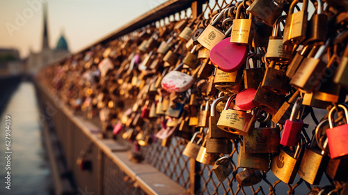 Love Locks on a Bridge: A close-up of a collection of love locks attached to a bridge railing. The image symbolizes everlasting love and commitment