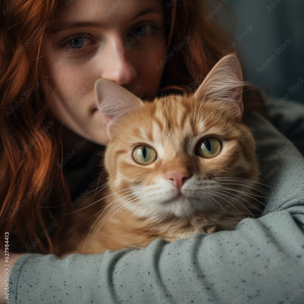 A woman holding a cat in her arms. Generative AI.