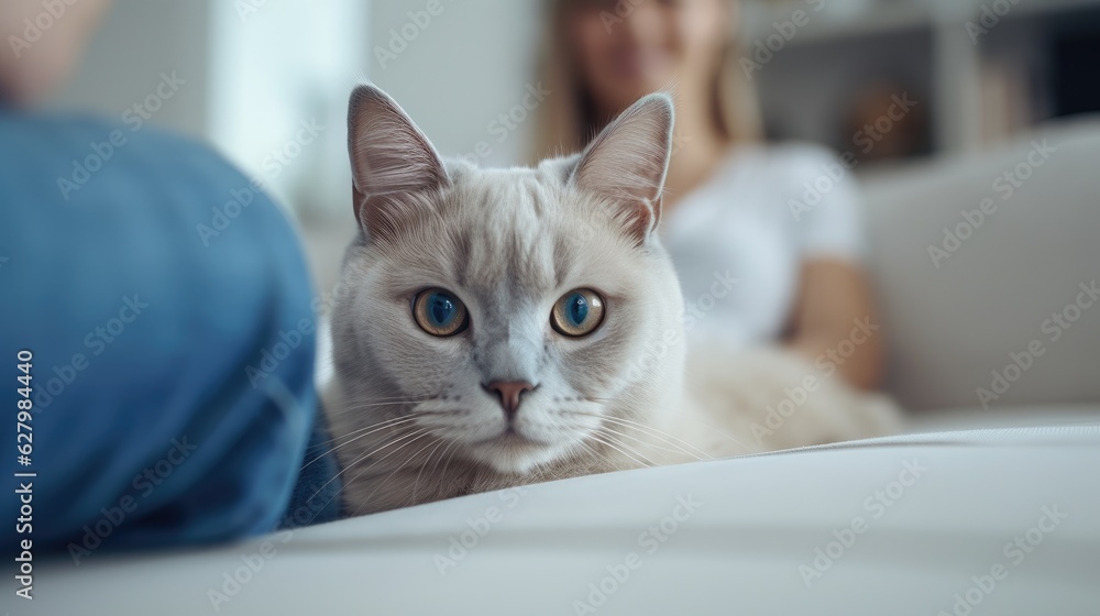 A woman sitting on a couch next to a cat. Generative AI. A woman sitting on a couch next to a cat. Generative AI.