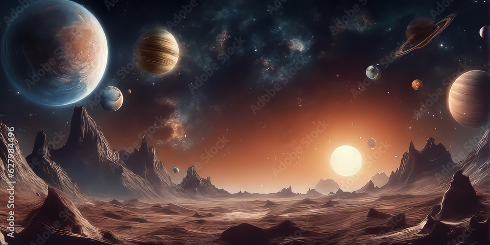 Virtuelle Szene auf einen fernen Planeten im Weltall mit verschiedenen Planeten und Sternen. Fantasiewelt.