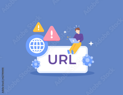 The website address or URL is detected as dangerous and suspicious. Prevention and warning of malicious links. protection and security services. a user uses a laptop. illustration concept design