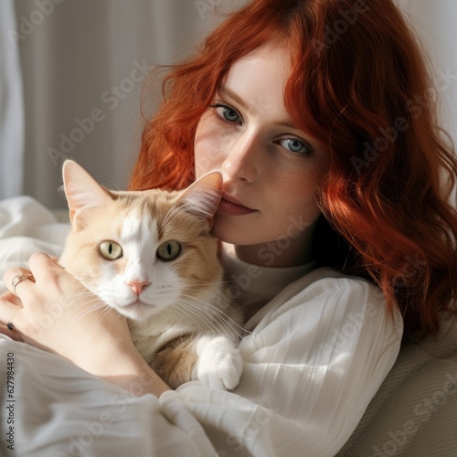 A woman holding a cat in her arms. Generative AI.