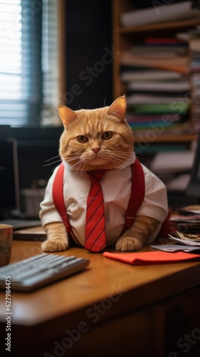 A cat wearing a shirt and tie sitting on a desk. Generative AI.