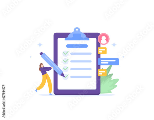 Questionnaire or checklist. A respondent who fills out a survey. Put a check mark on the form paper. answer questions. collect and obtain information from respondents. illustration concept design