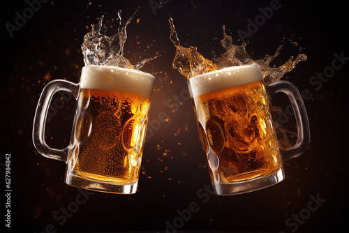 Two beer mugs toasting, empty black background photo