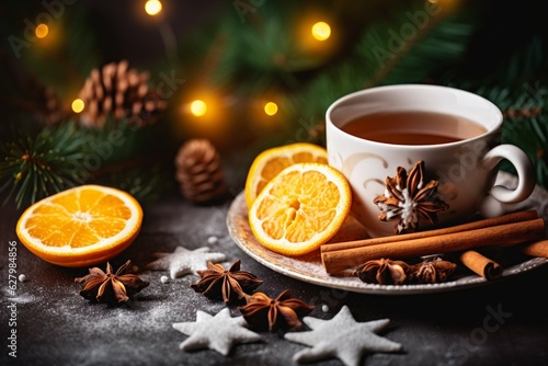 Christmas tea cup with oranges. Generate Ai