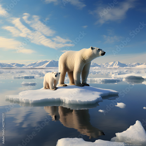 A mother white bear and her cub stand precariously on the last remaining piece of ice 