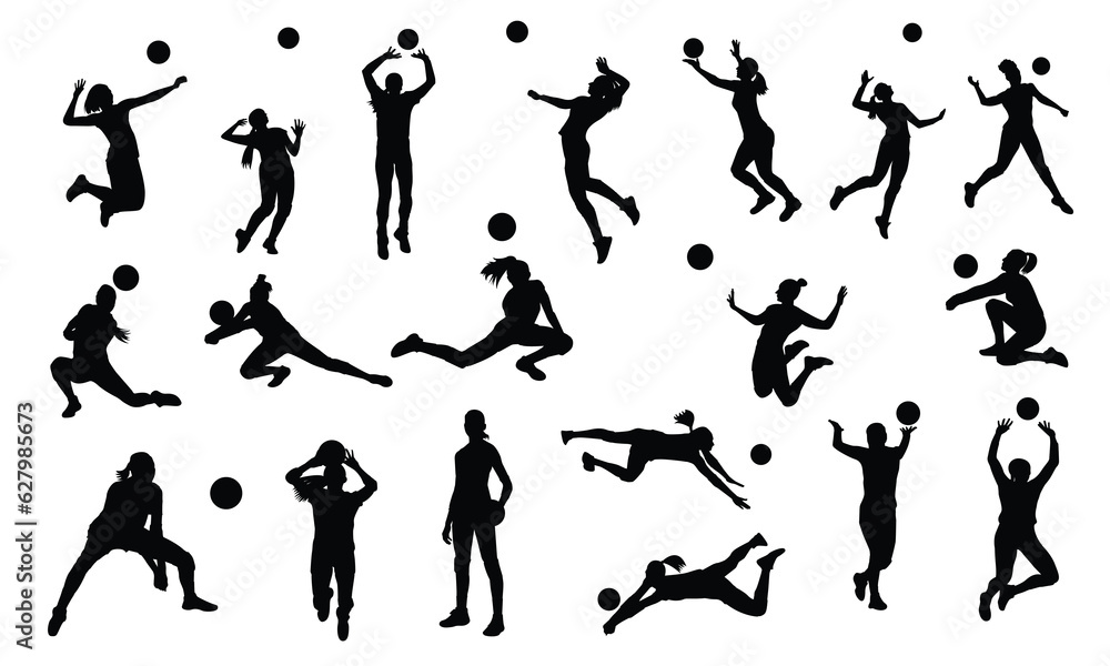 Set of female volleyball players silhouettes isolated vector team sports and beach volleyball - obrazy, fototapety, plakaty 